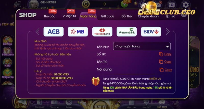 Lưu ý khi giao dịch nạp tiền tại Choang Club